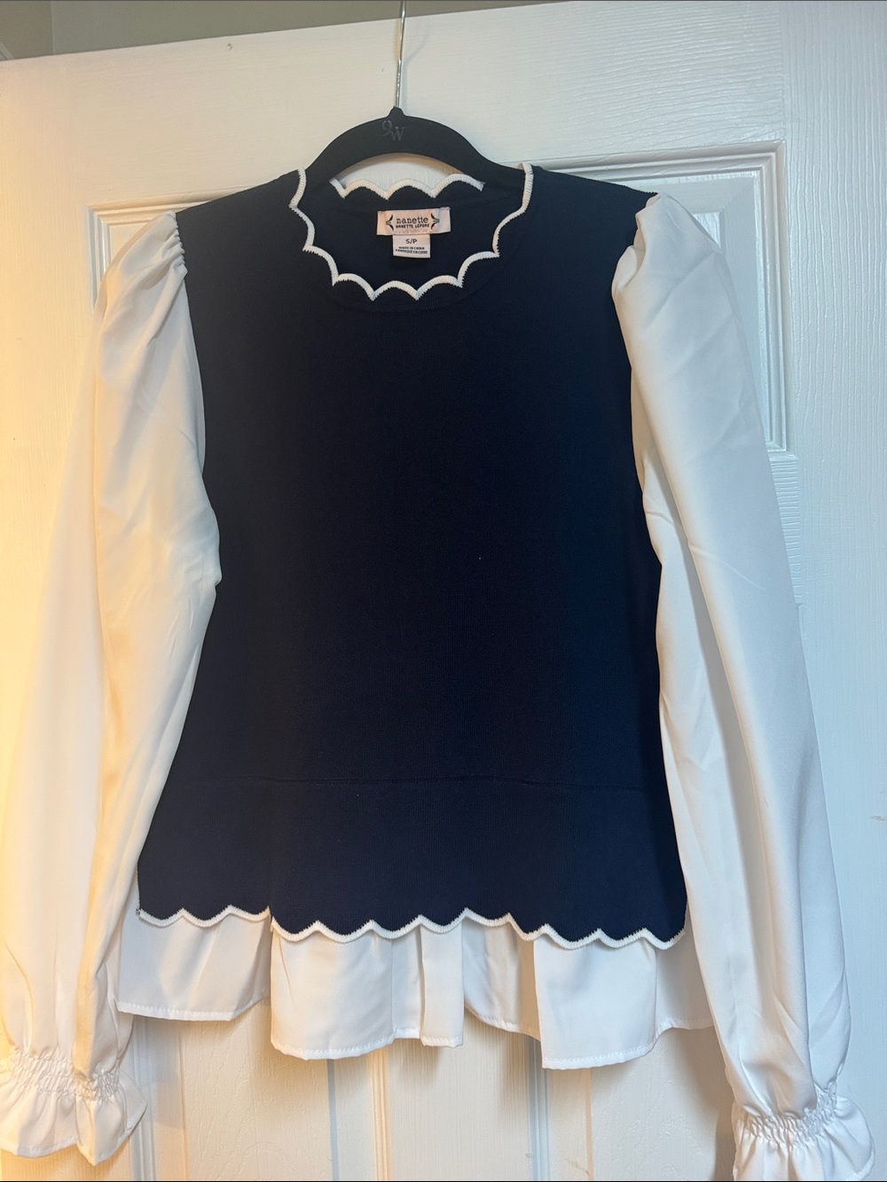 Navy and White Scallop Trim Layered Blouse - Women